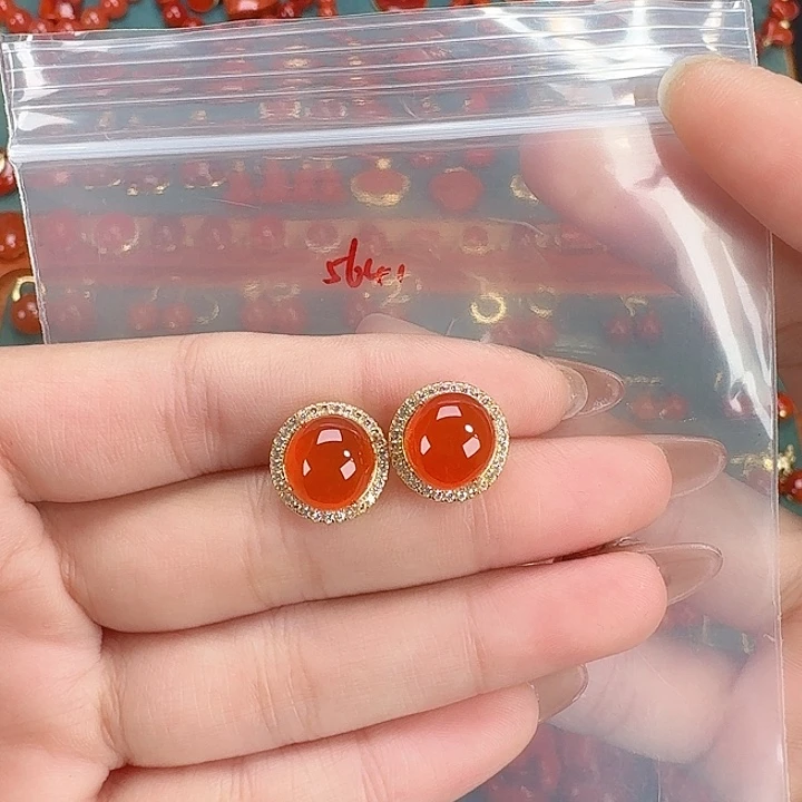南红玛瑙银S925镶嵌冰红耳饰