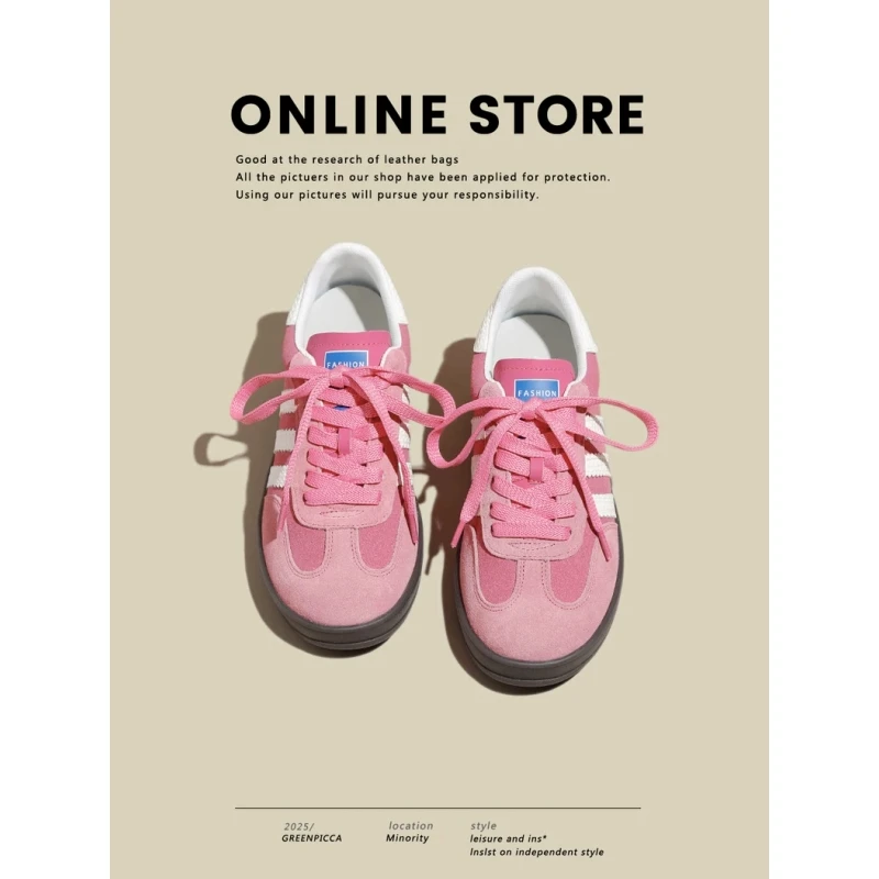 全牛皮~草莓熊德训鞋女款真皮粉色休闲厚底板鞋内增高复古阿甘鞋