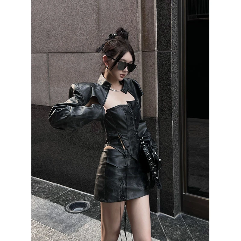 IAMCPLUS 暗黑解构鱼骨胸衣 小立领皮衣外套抽绳半裙套装女
