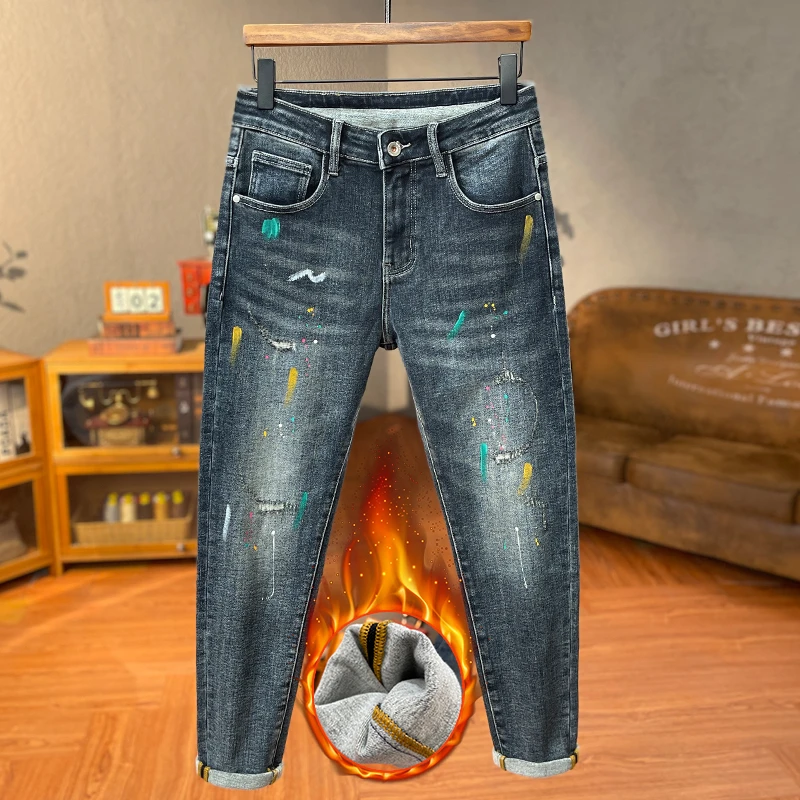 冬季厚款抓绒男士泼墨牛仔裤潮流时尚修身小脚裤破洞补丁痞帅长裤