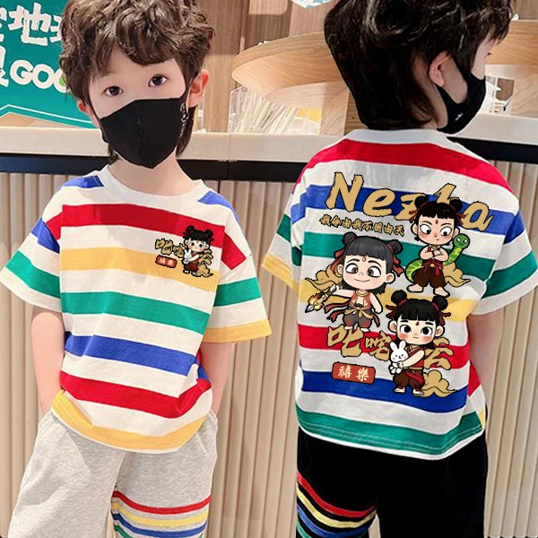 100%纯棉短袖T恤男童女童夏季哪吒条纹卡通洋气韩版t恤中大童上衣