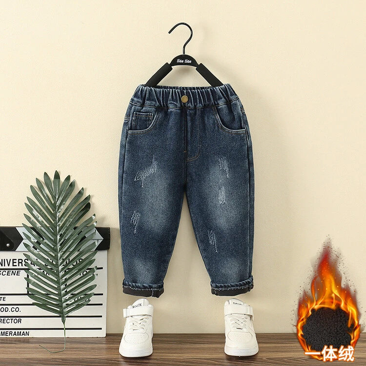 2025男童裤子加绒裤中小童牛仔裤春秋款刺绣印花休闲潮流薄款宽松