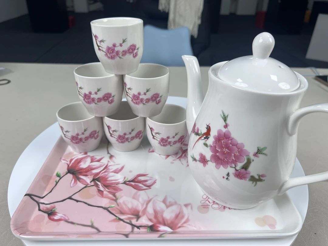 水点桃花茶具套组/1壶/6杯/1茶盘