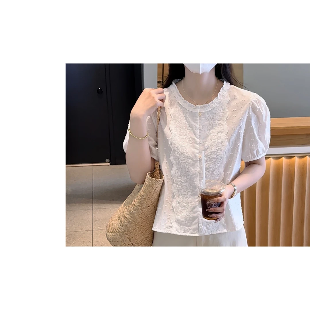 BK STUDIO 荷叶领重工刺绣白色衬衫女夏季气质百搭短袖上衣