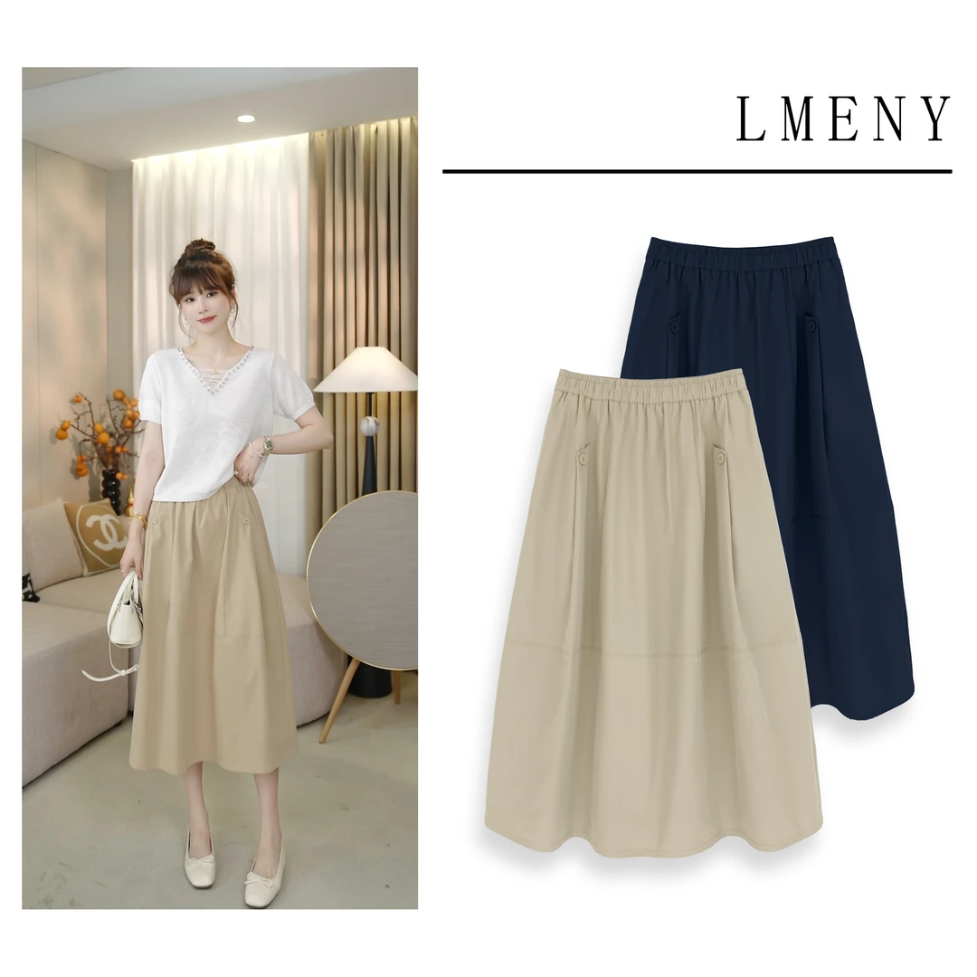 LMENY纽扣山本裙~松紧腰遮垮显瘦赫本风半裙25BQ013