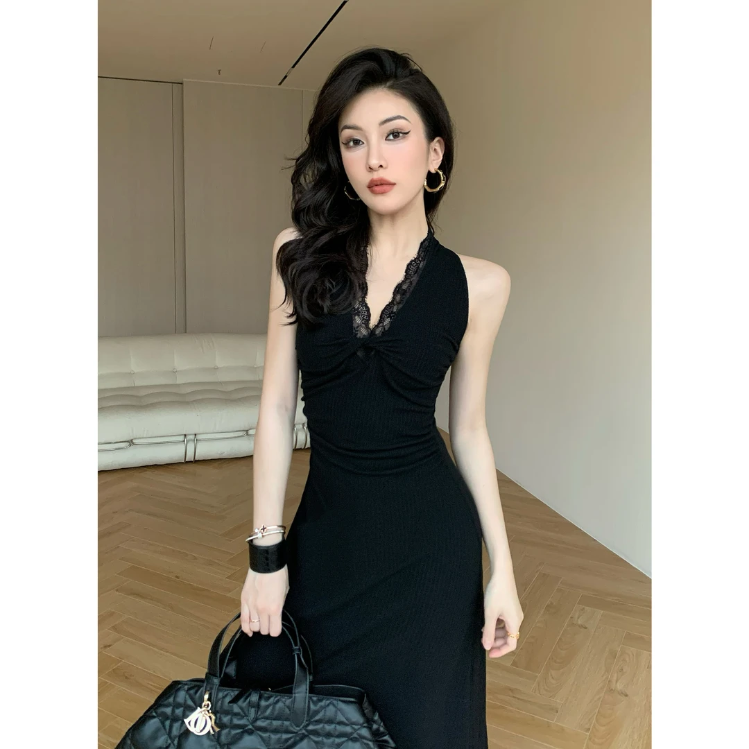 JIJINQI时尚气质显瘦纯欲黑色蕾丝裙法式修身连衣裙女JD03LZXL614