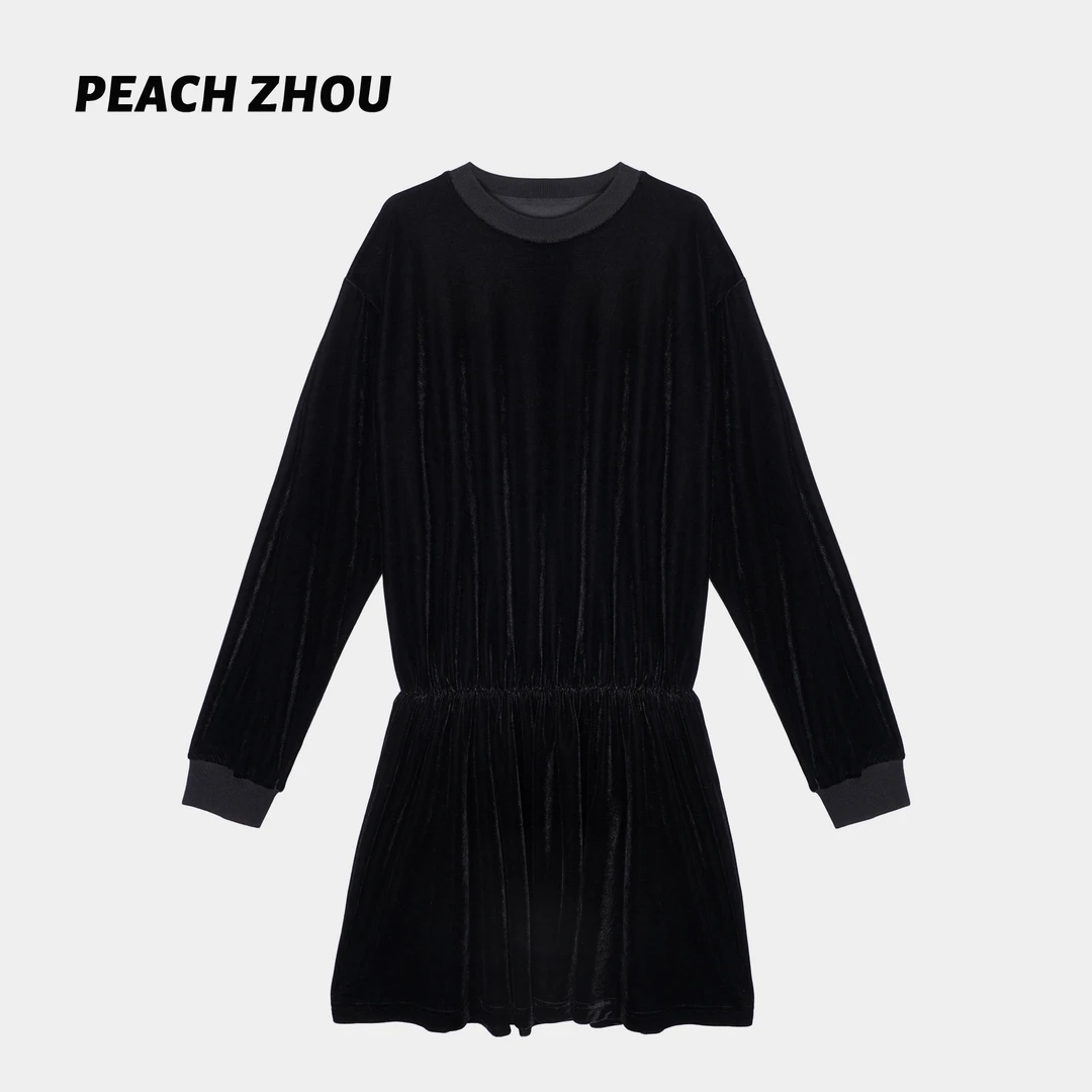 『PEACHZHOU』静谧黑丝绒宽松圆领收腰长袖休闲高级感百褶连衣裙女