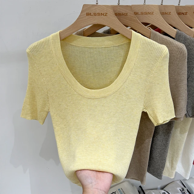 冰丝黄色u领正肩打底针织衫女短袖薄款夏季2025新款短款上衣t恤女
