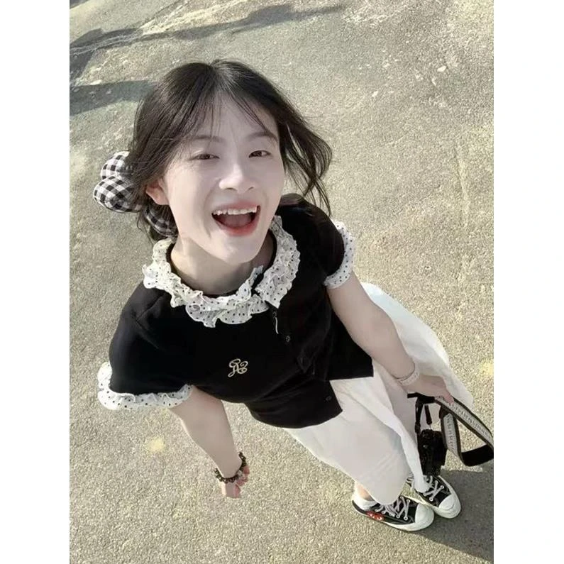 黑色波点拼接短袖t恤女2025新款夏季小众设计感修身显瘦短款上衣