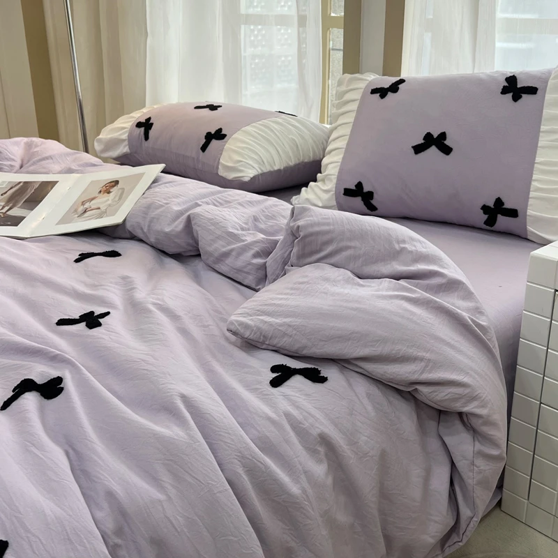 公主风四件套法式花边蝴蝶结毛巾绣水洗棉床裙被套罩床笠床单三件