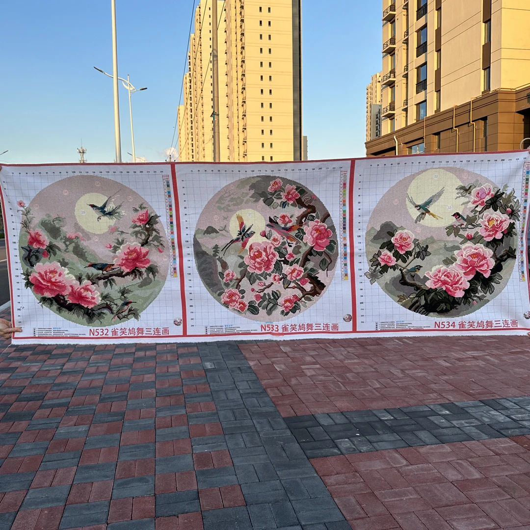 纯手工十字绣成品客厅沙发背景墙牡丹三联画现代装饰画花开富贵