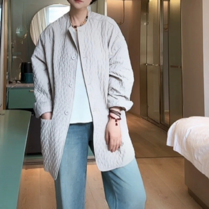 【U.M】设计感褶皱面料圆领中长款风衣外套藏肉显瘦