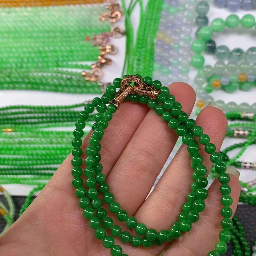 颈饰未镶嵌翡翠缅甸天然翡翠冰种浓阳绿塔链4.7，5