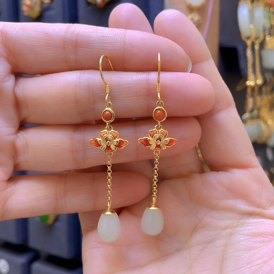 和田玉银S925镀金镶嵌耳饰