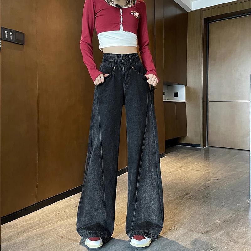 2025年新款百搭黑色牛仔裤秋冬加绒女高腰阔腿裤女款爆款2025新款