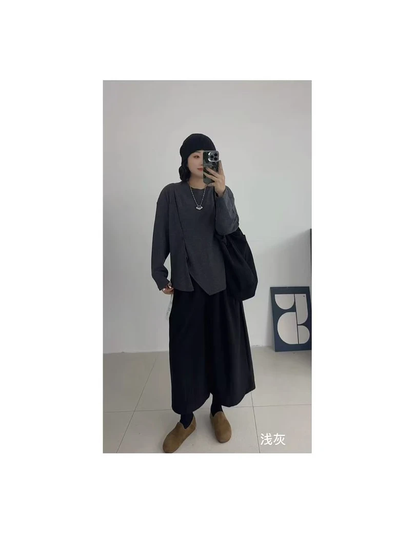 【褶皱】简约显瘦设计感圆领长袖上衣3523
