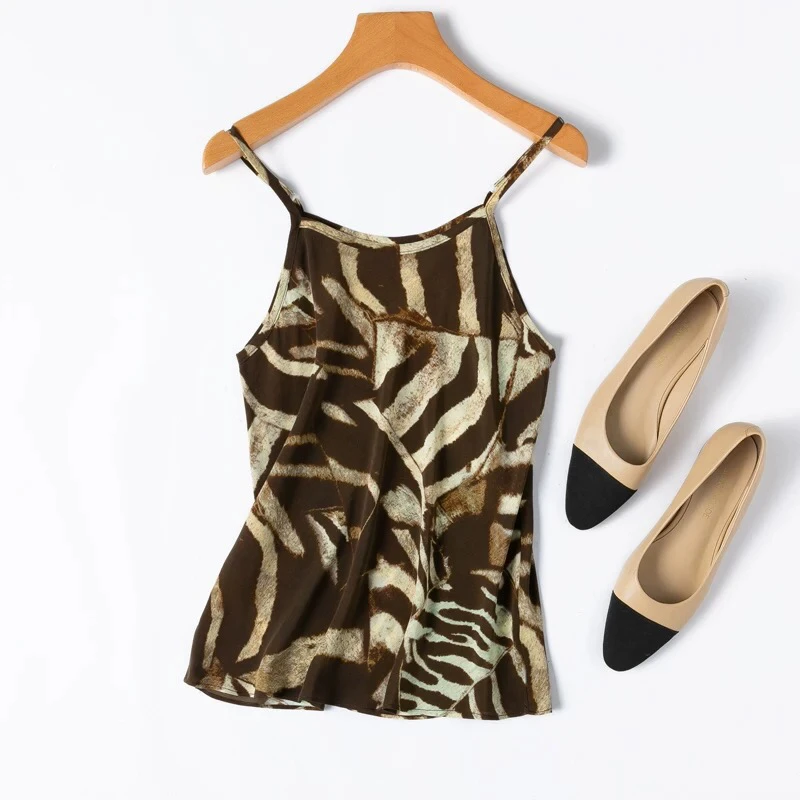 桑蚕丝双绉打底吊带棕咖斑马纹断码清货