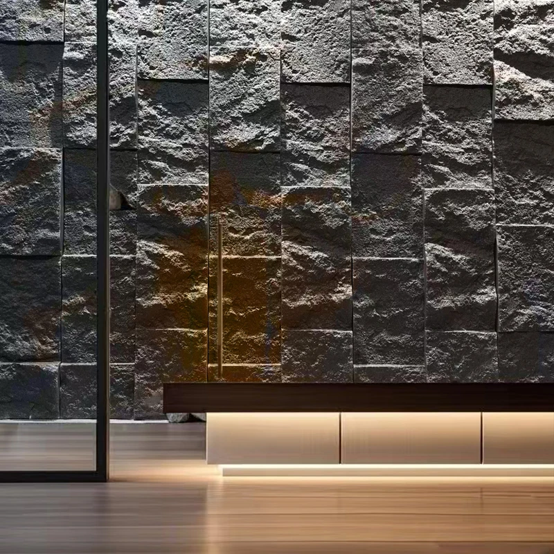3米轻质大板PU巨石系列暗黑风做旧复古仿真文化石材吧台背景墙