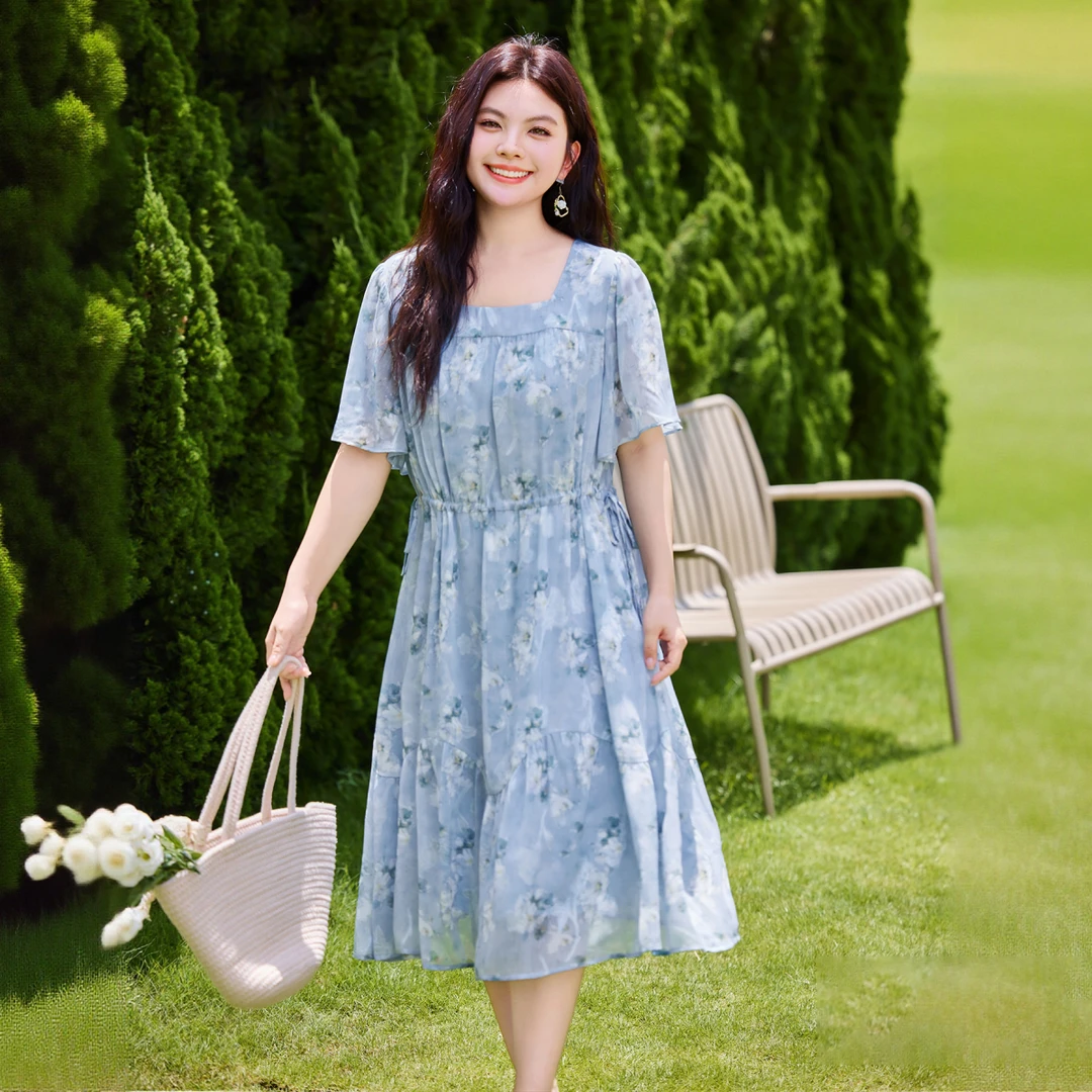 【浪漫碎花提花雪纺方领连衣裙】MsShe大码女装秋中长款X~C2506016