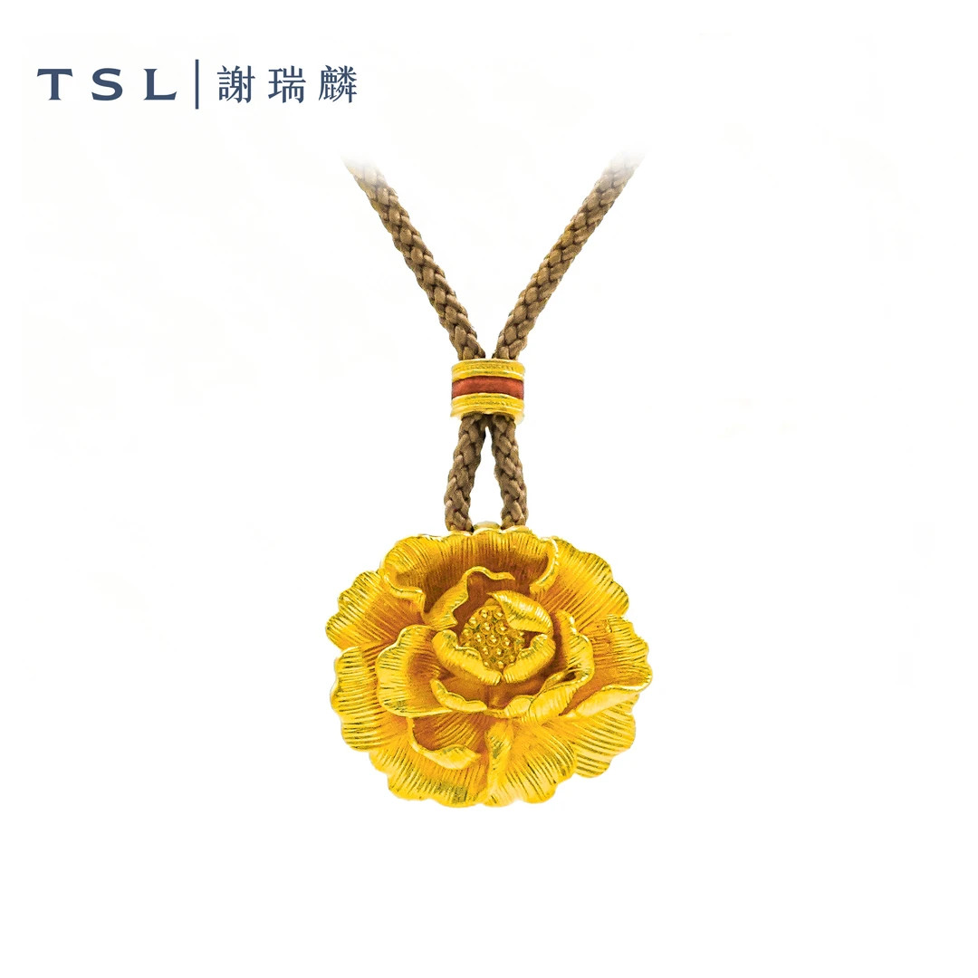 足金古法牡丹国色天香毛衣链吊坠5G克重计价节日礼物赠女