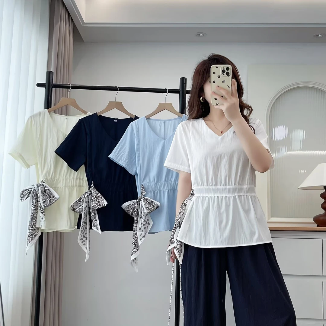 2025大码女装V领常规款法式拼接纯色宽松型T恤公主风cleanfit风