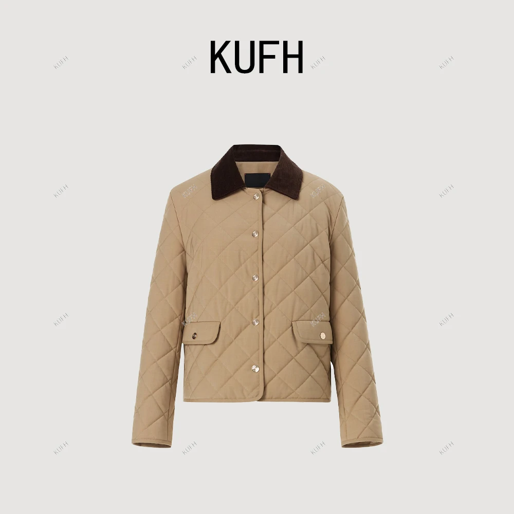 KUFH【菱派可可】商场同款2025秋新款新气质复古菱格轻暖棉服外套