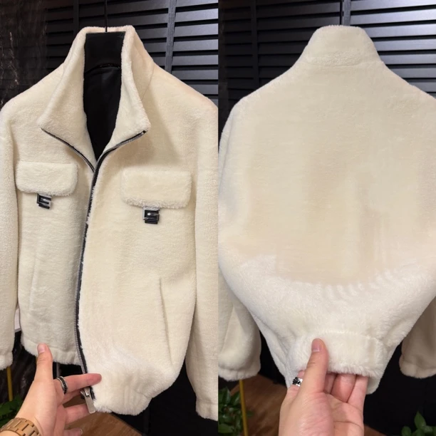 002羊毛立领配皮羊皮二层皮男士轻奢风夹克穿搭