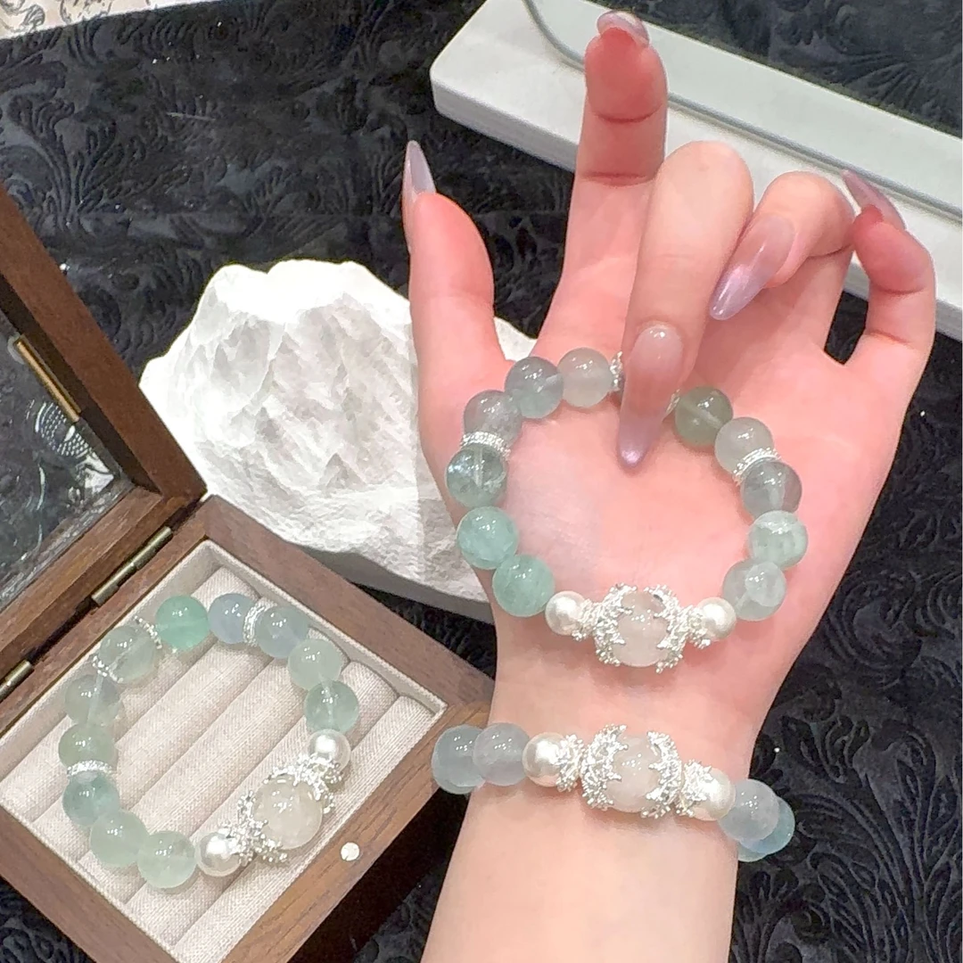 【青提灰绿】天然水晶绿萤石雪花幽灵女款单圈2025新款时尚