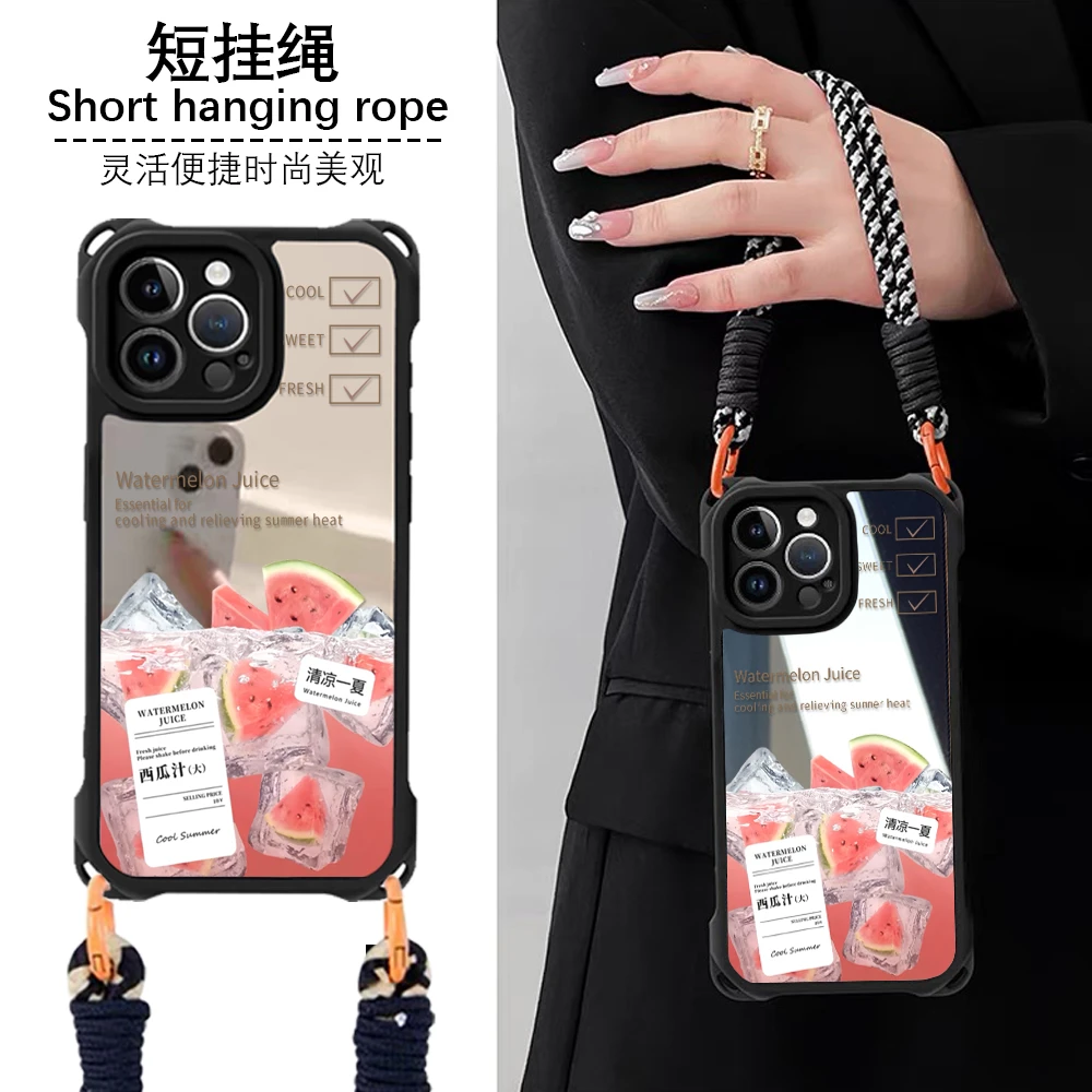 冰爽西瓜镜面四角防摔保护套挂绳适用苹果华为vivo小米oppo手机壳