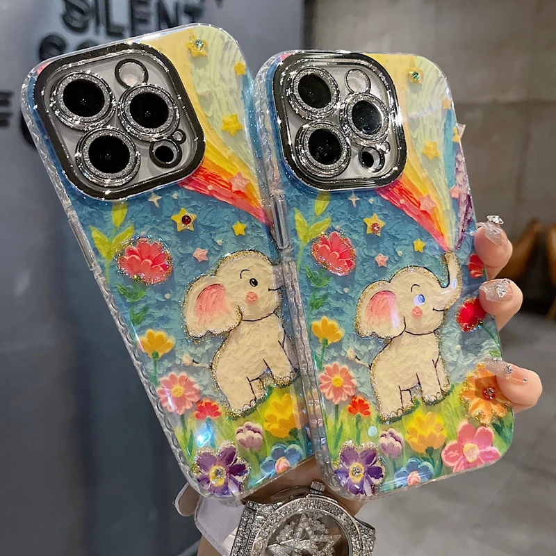适用苹果系列iPhone17新款手机壳彩虹大象花朵全包闪粉镜头框防摔