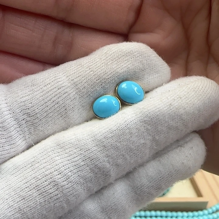 绿松石18K金镶嵌高瓷蓝耳钉w