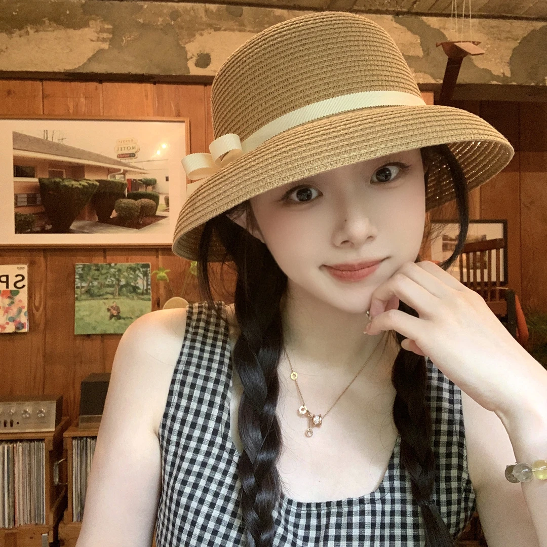 赫本风草帽女2025新款夏季大帽檐防晒遮阳帽草编渔夫帽百搭夏天