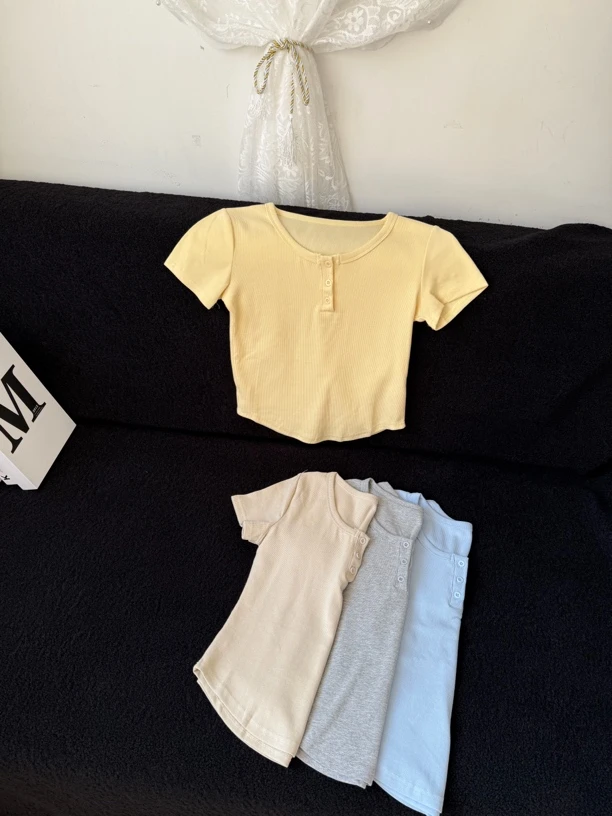 U型领短袖常规短款中袖常规款T恤纯色针织打底衫韩版