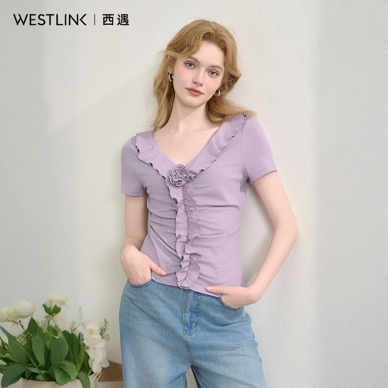 0796【优雅紫玫瑰】饰花气质荷叶边V领T恤女2025春季修身上衣