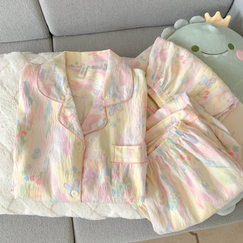 可爱新款睡衣女短袖云朵棉三件套甜美少女薄款夏季家居服可外穿