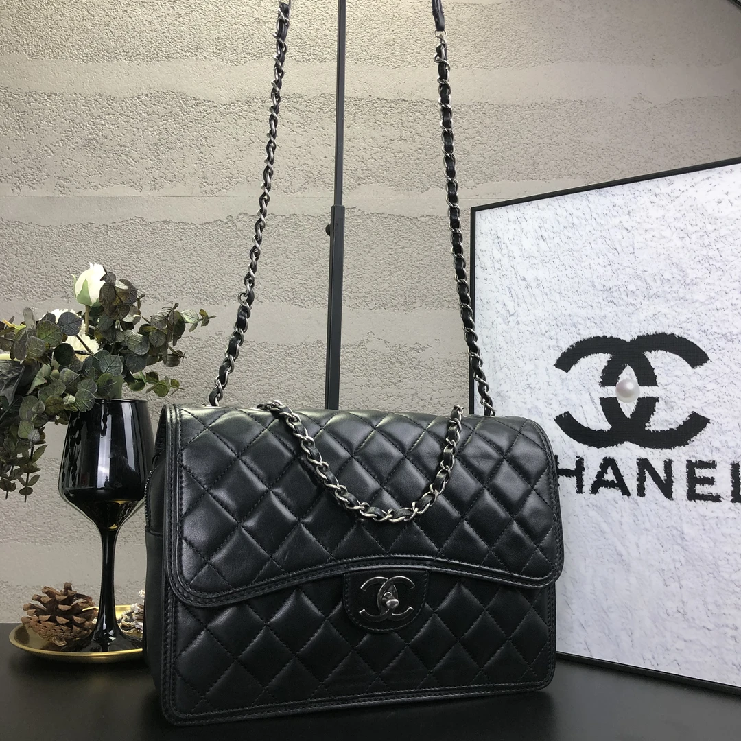 95新 Chanel/香奈儿 cf黑银jumbo季节款菱格链条包 18开 底长29