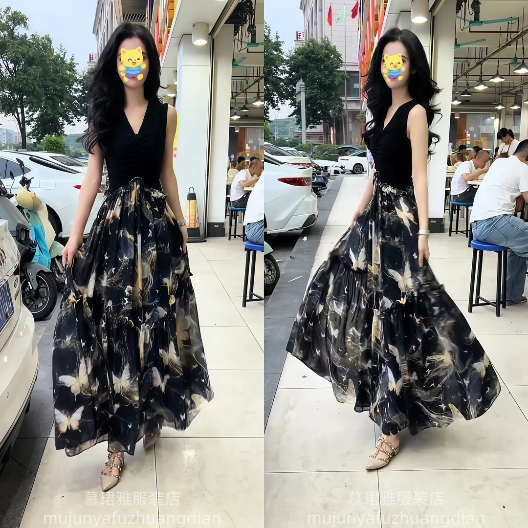 轻熟风法式连衣裙女2025年夏季新款V领无袖印花高腰长款百搭A字裙
