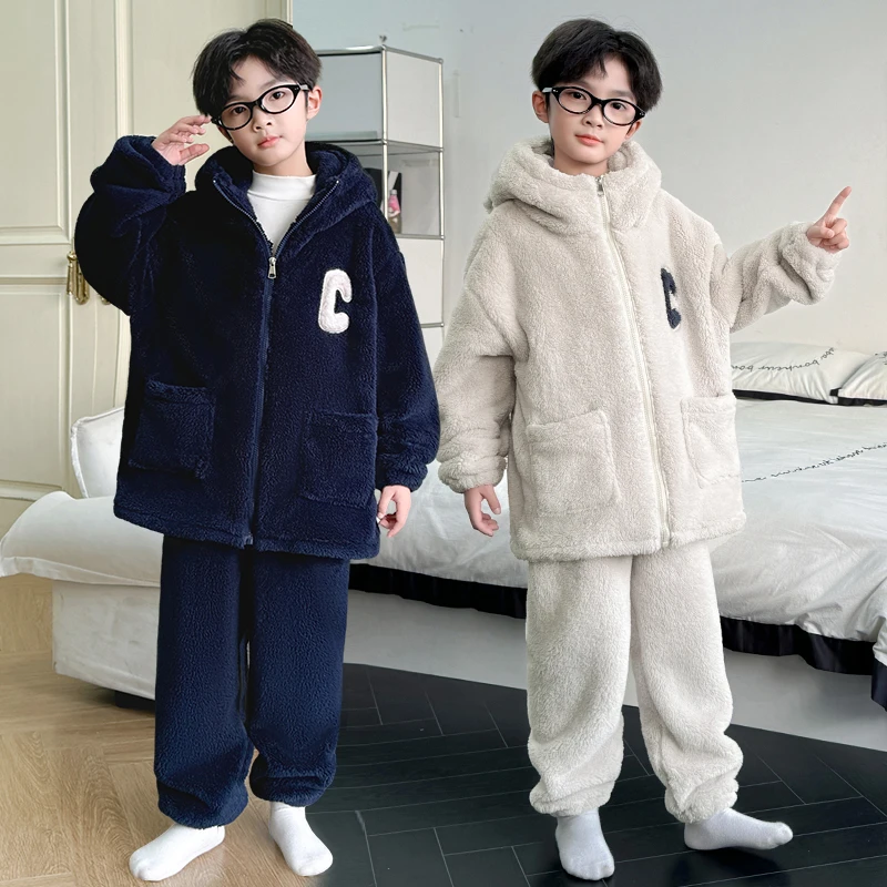 保暖男童青少年加厚法兰绒睡衣家居服套装25年新款秋冬季时髦宽松