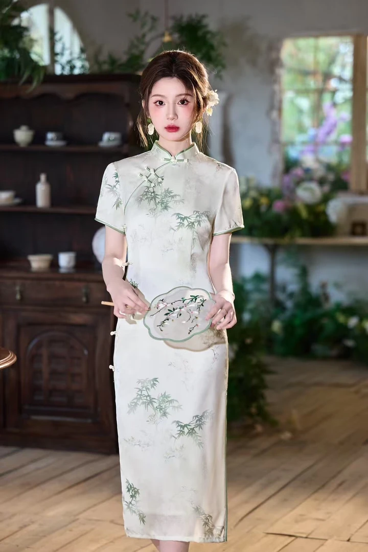 【送考竹】绿色旗袍新款年轻款少女气质高端连衣裙夏新中式日常可穿