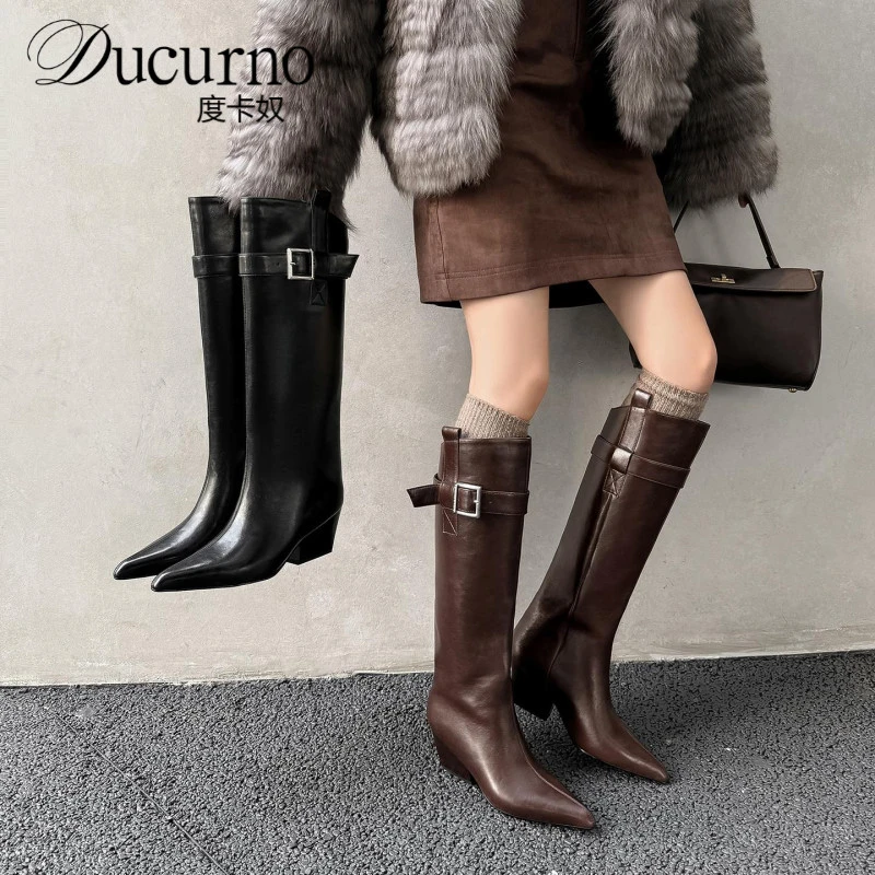 A爆了~！真皮法式气质尖头皮带扣高筒骑士靴气质高跟棕色长筒靴女