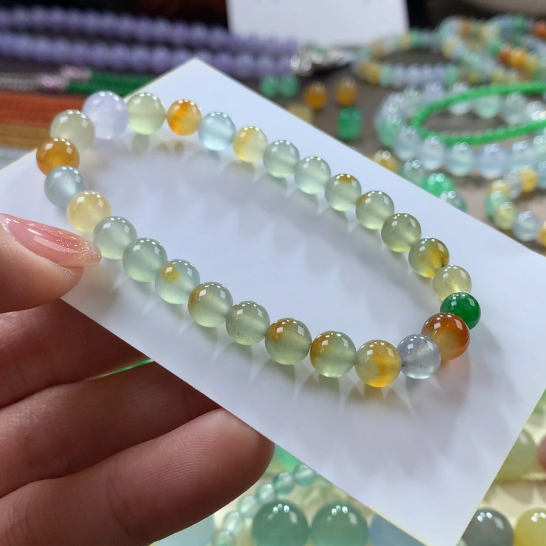 翡翠手链未镶嵌特色玻璃种多彩洒金卡6.5➕