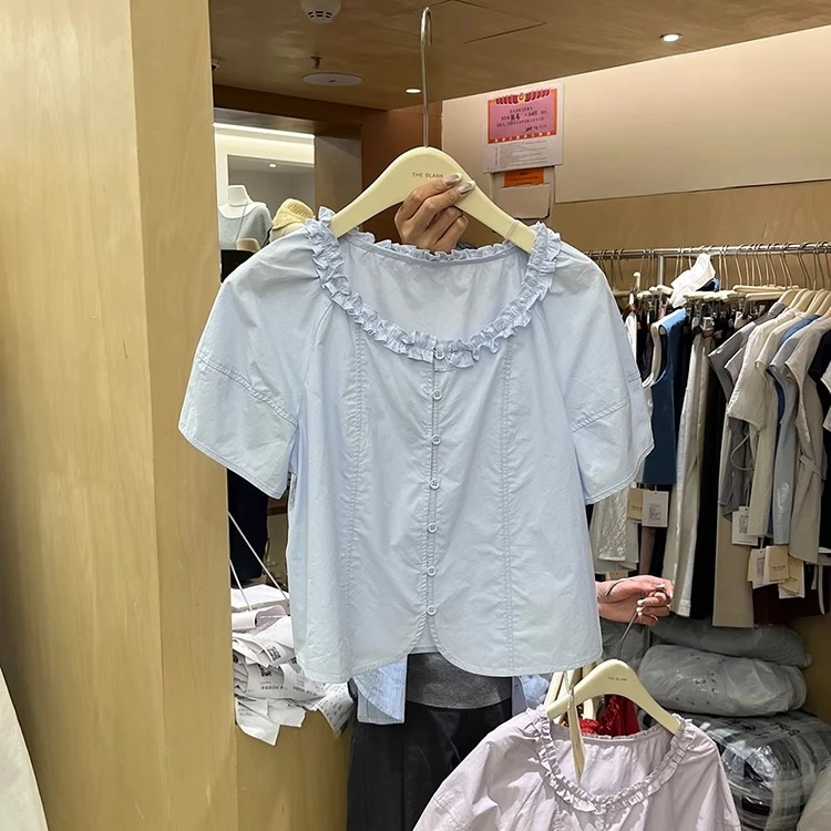 1159纯棉韩版上衣2025新款花边领短袖衬衫女气质甜美洋气娃娃衫夏