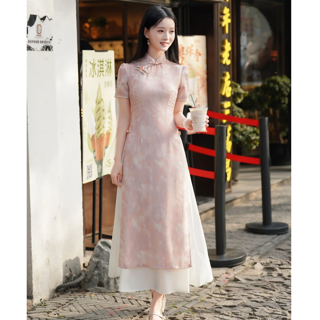 【西施粉黛】中国风改良小个子透气旗袍连衣裙新中式国风显瘦双层
