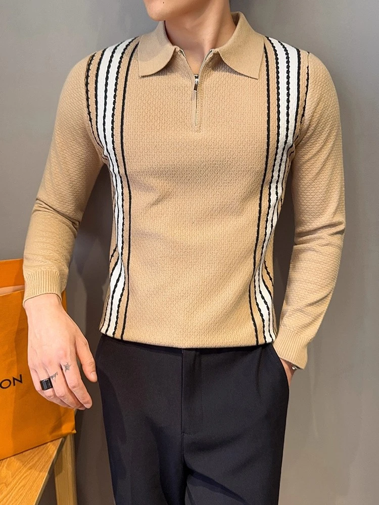 条纹长袖男士2025新款痞帅男装半拉链T恤衫针织polo衫轻奢高级感