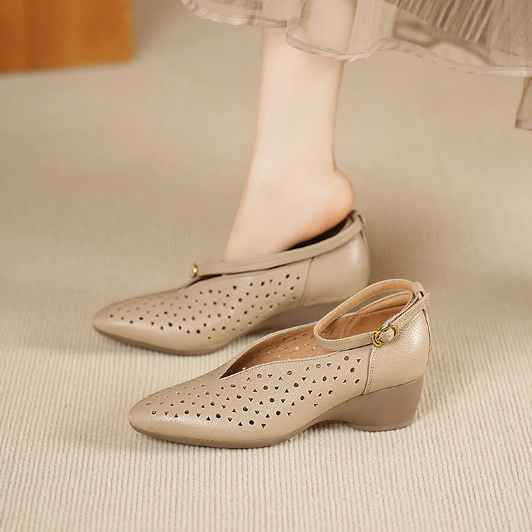 [4.5cm/羊皮]巨软V口镂空洞洞鞋坡跟单鞋新款羊皮真皮凉鞋559-1