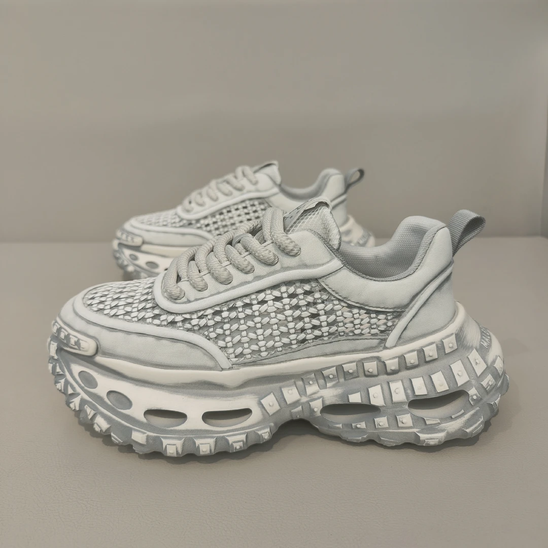 夏季男士网面鞋透气低帮厚底系带新款时尚休闲百搭潮款老爹鞋网鞋