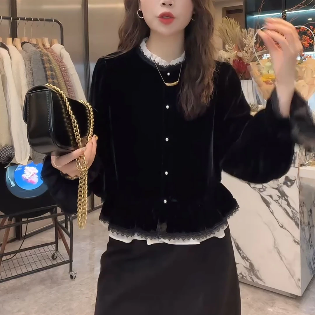 新款法式轻奢独特漂亮小衫秋季丝绒别致独特衬衫上衣LK2506795-1