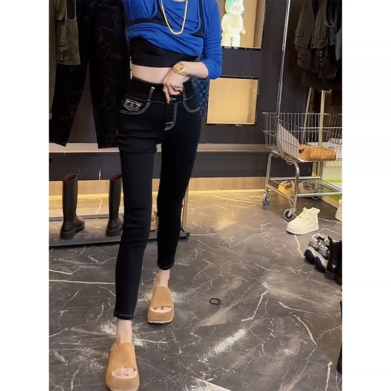 2025早秋新款牛仔裤女小个子大码高腰直筒显瘦弹力修身铅笔小脚裤