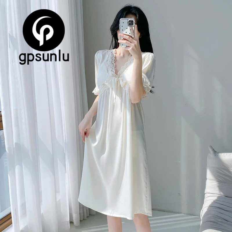 GPSUNLU性感睡衣女款夏季新款短袖蕾丝冰丝带胸垫长裙外穿睡裙