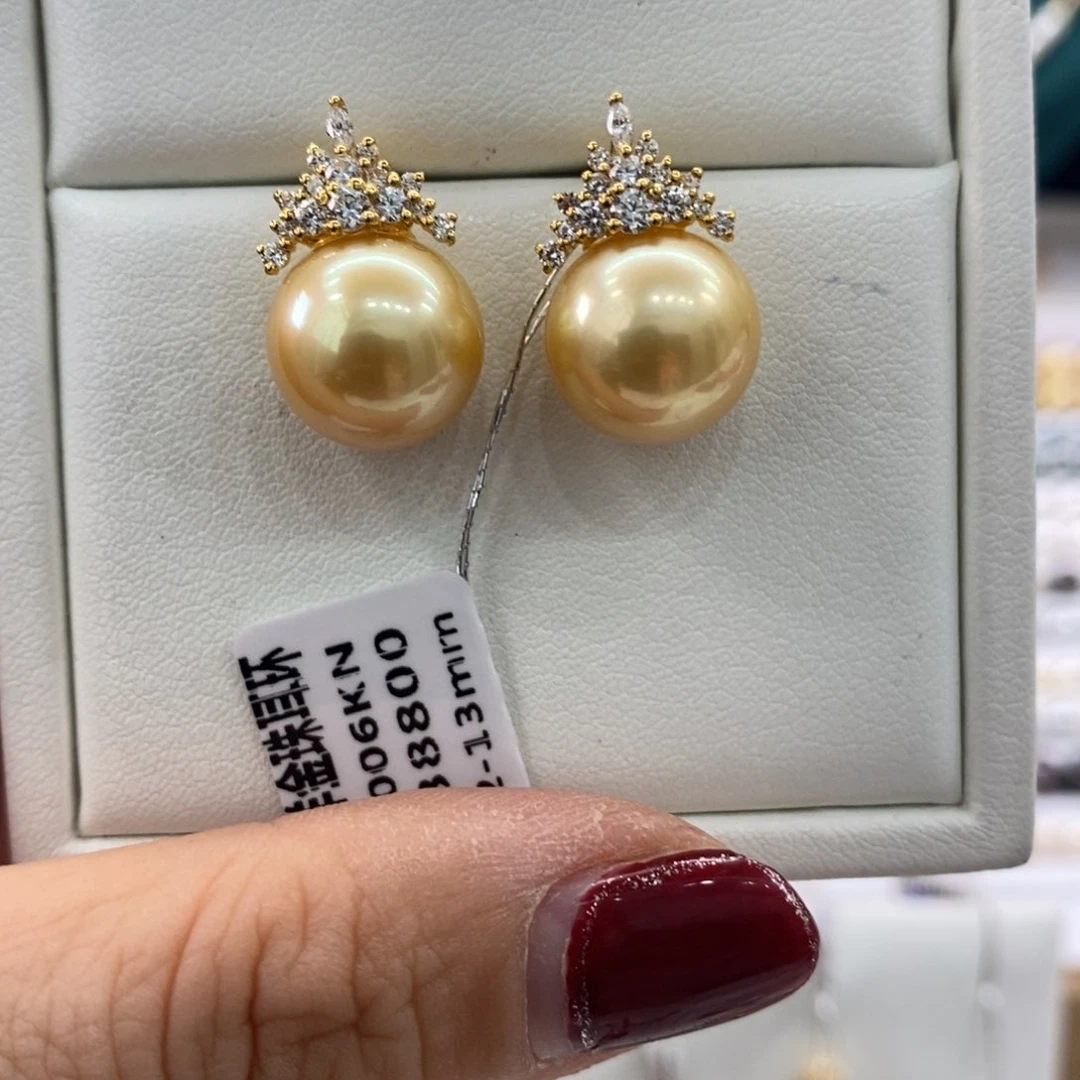 海水珍珠耳饰18K金镶嵌12-13m m